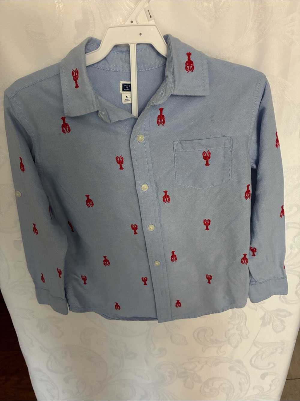 Janie and Jack Light Blue Button-Down Shirt with Red Lobster Embroidery